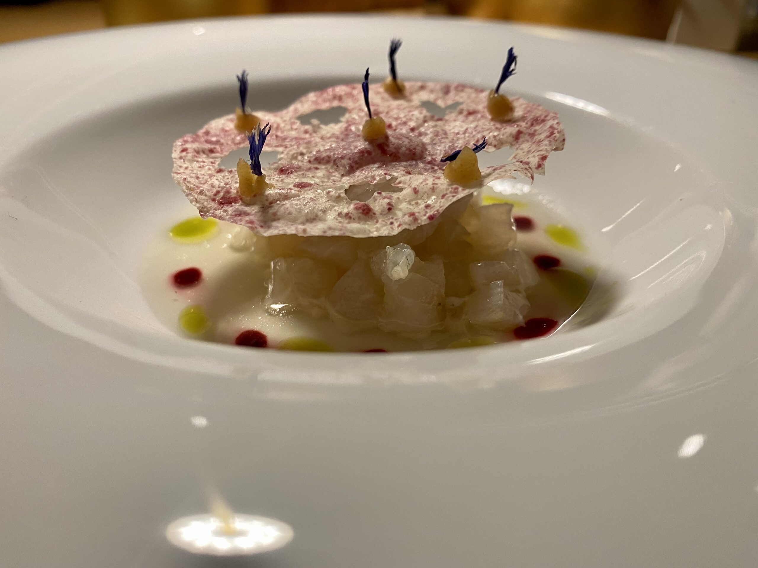 Tartare di Dentice, Aceto giapponese affumicato con Katsuobushi e Alga Kombu, mirtillo fermentato, olio al coriandolo, churtney di pera e zenzero, chips di pasta filo al lampone