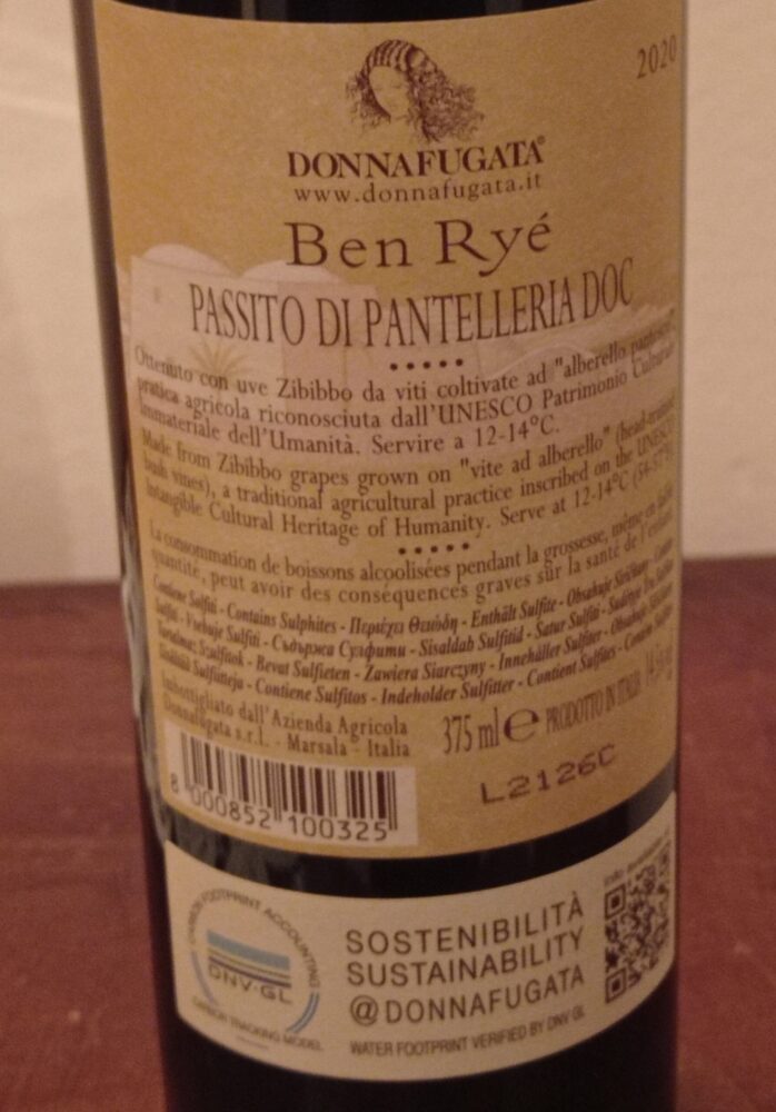 Controetichetta Ben Rye' Passito di Pantelleria Doc 2020 Donnafugata