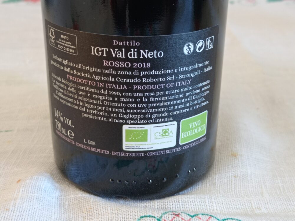 Controetichetta Dattilo Rosso Val di Nweto Igt 2018 Cerauso