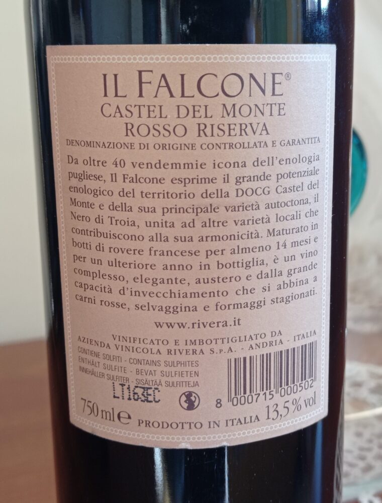 Controetichetta Il Falcone Castel del Monte Rosso Riserva Docg 2013 Rivera