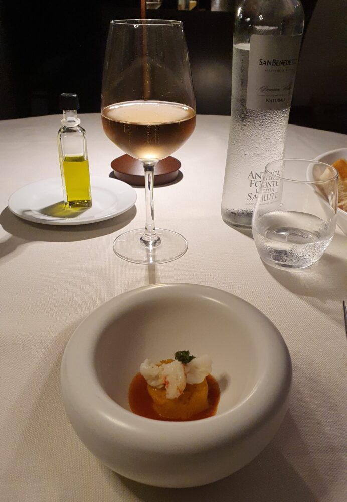 Da Lorenzo - Flan di zucca, salsa al cacciucco, gambero al vapore e nepitella