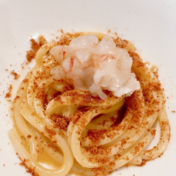 Spaghettone Valdora con Gambero in tre consistenze Twine