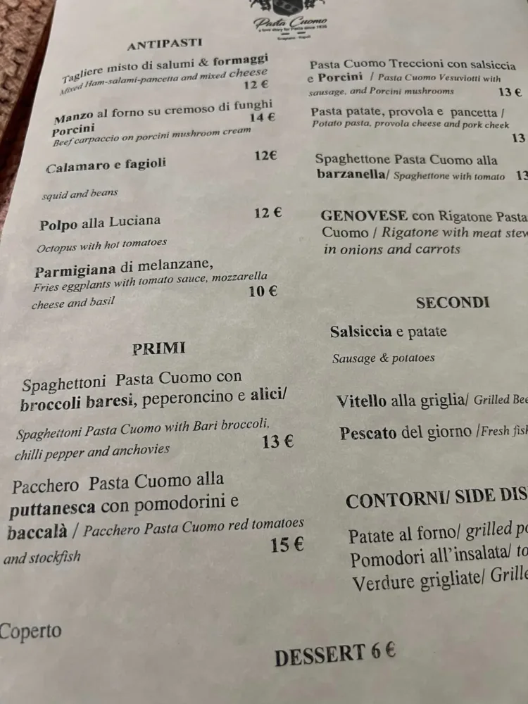 Gourmet & Bistrot Pastificio Cuomo - menu'