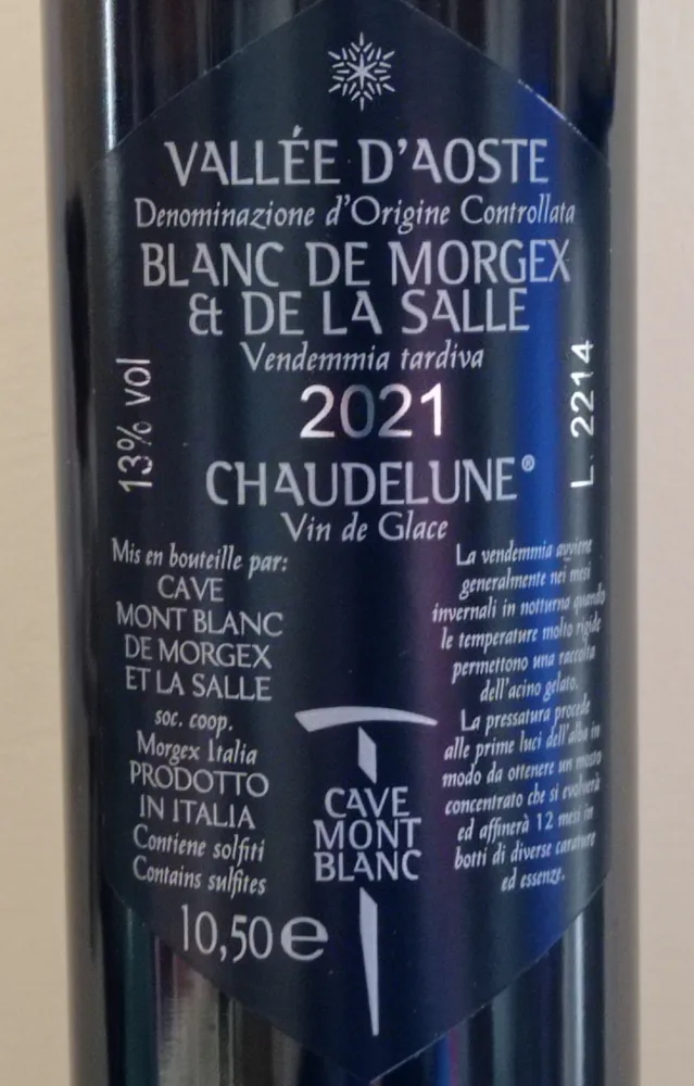 Controetichetta Chaudelune Vin de Glace Vallee d'Aoste Doc 2021 Cave Mont Blanc de Morgex ed De La Salle