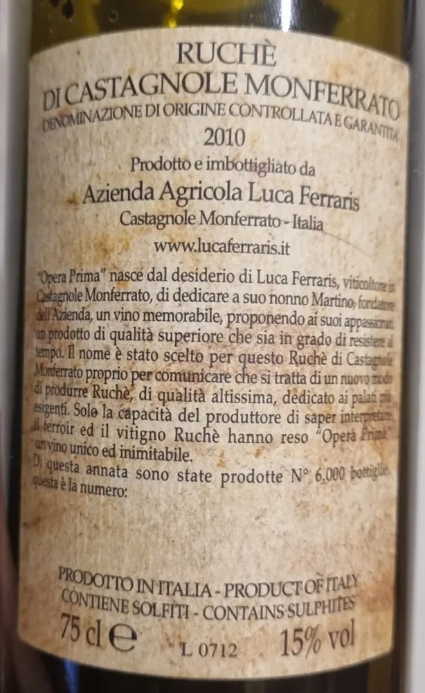 Ferraris Opera Prima Ruche’ di Castagnole Monferrato DOCG Riserva 2010