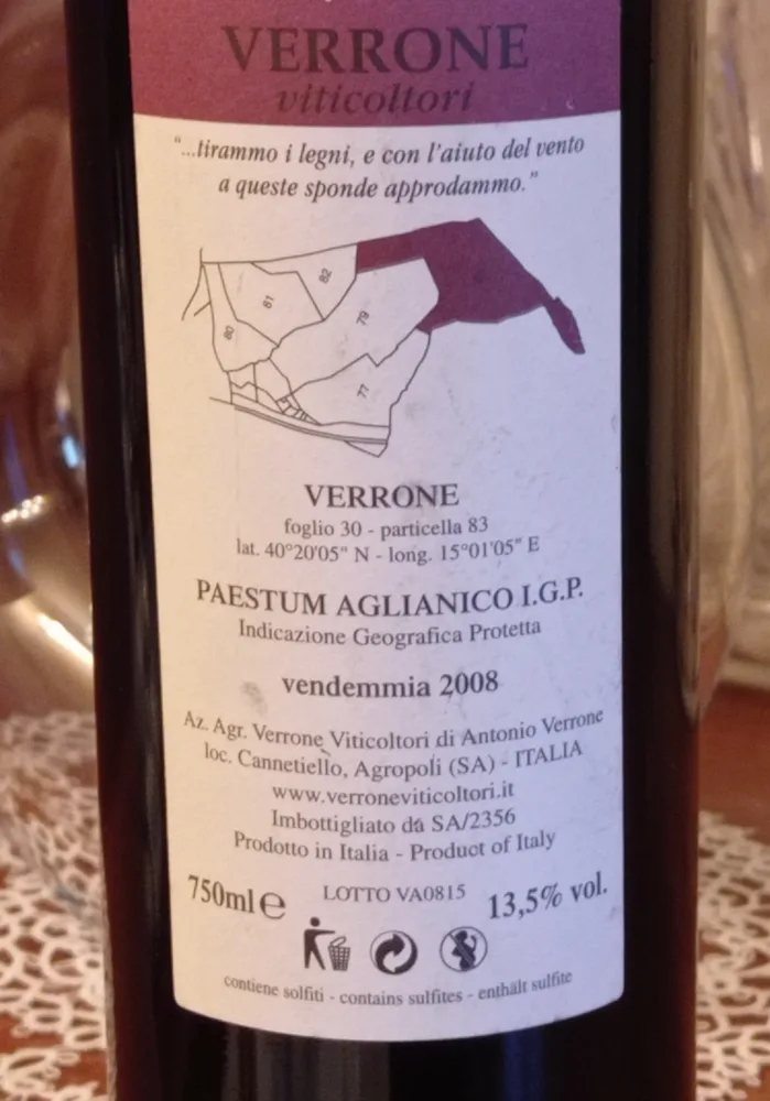 Controetichetta Paestum Aglianico Igp 2008 Verrone