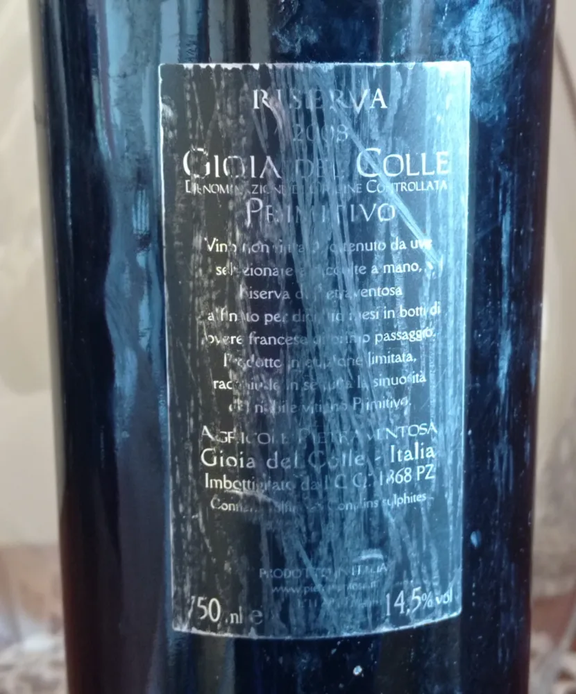 Controetichetta Riserva Primitivo di Gioia del Colle Doc 2008 Pietraventosa