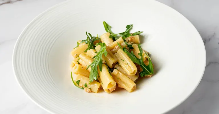 Rigacuore con salmone fresco, rucola e scorzetta di limone