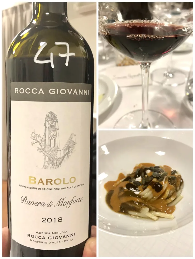 Pasta, porro bruciato, caprino, riccio e aglio nero. Ottimo incontro con il fresco Barolo Ravera di Monforte di Giovanni Rocca.