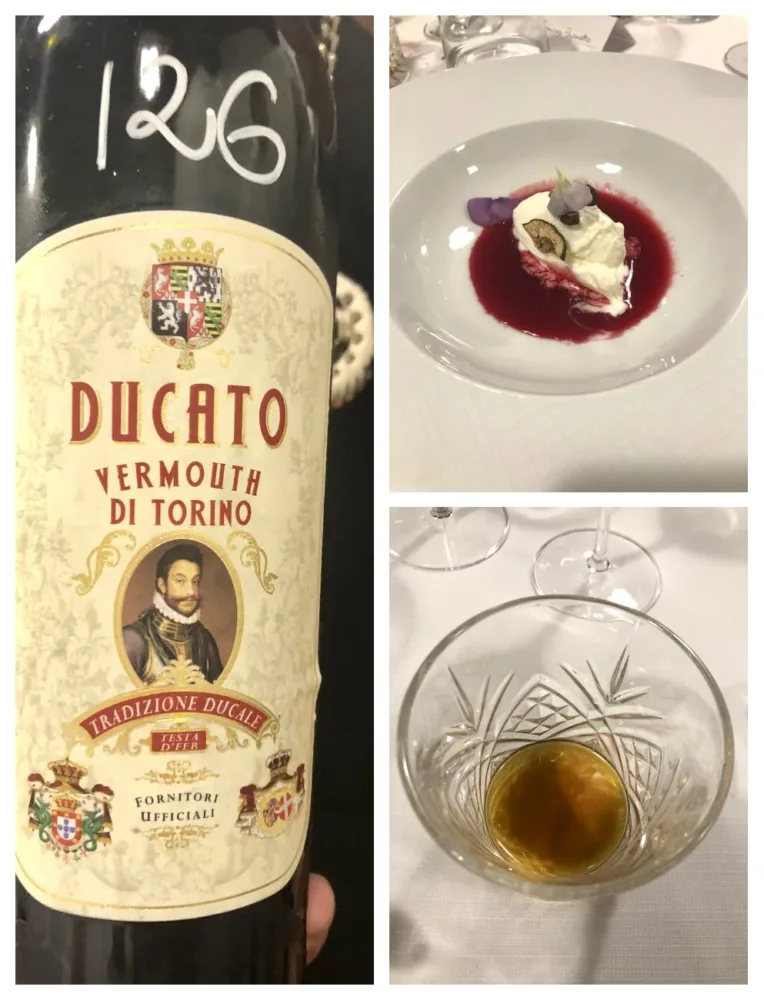 Ducato IGP Rosso, il vermouth con cui ho abbinato il particolare dolce, Fiordilatte, funghi, susine, arancia, rosa
