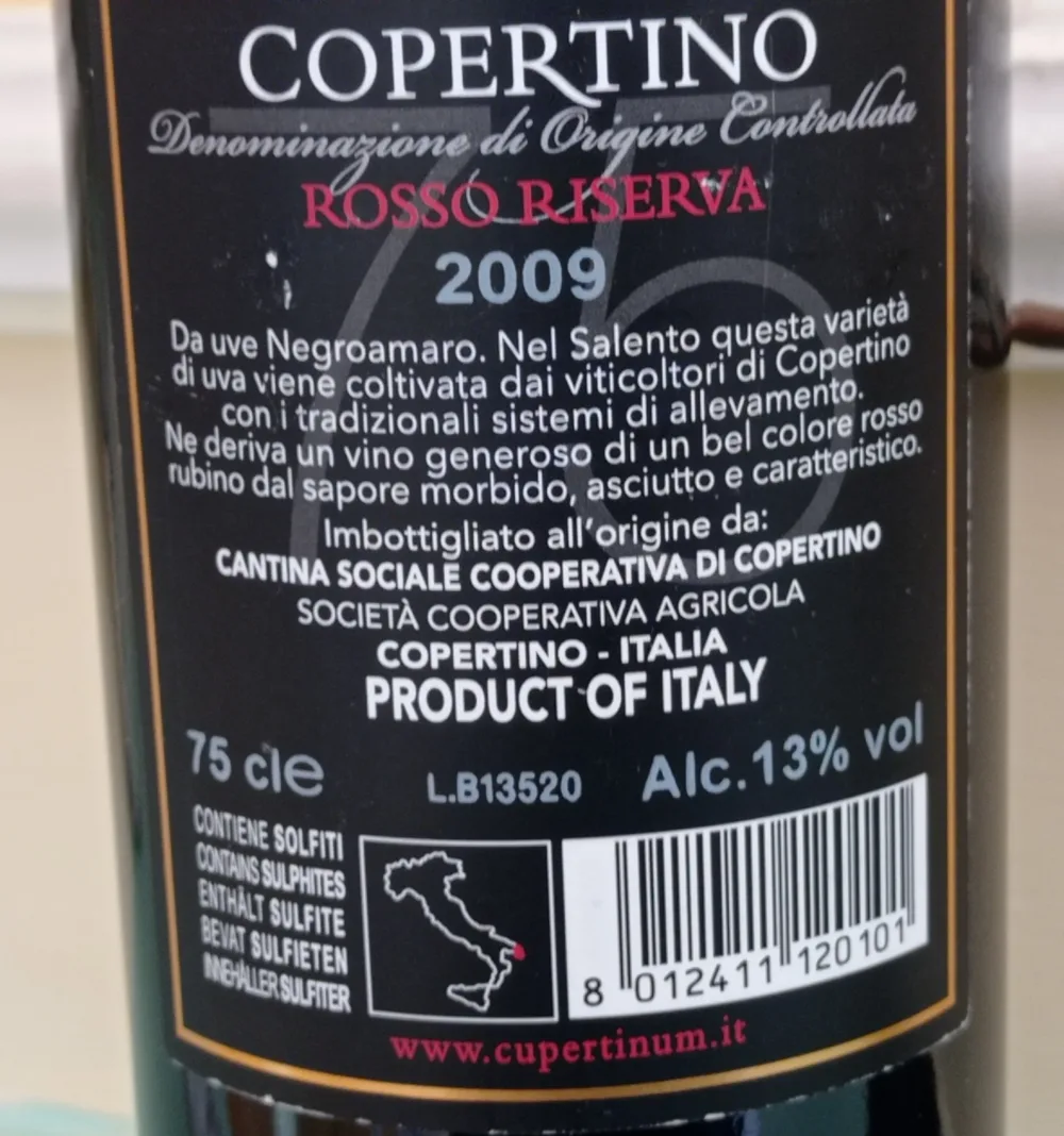 Controetichetta Settantacinque Copertino Rosso Riserva Doc 2009 Cupertunum