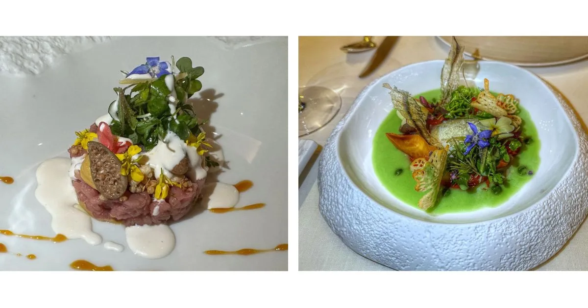 Rivisitazione di vitello tonnato - Multicolore di pomodori, pomodorini piccanti, granita di burrata e salsa verde jalapeño