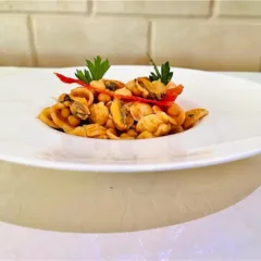 Orecchiette con ceci, cozze e pomodoro secco in cialda