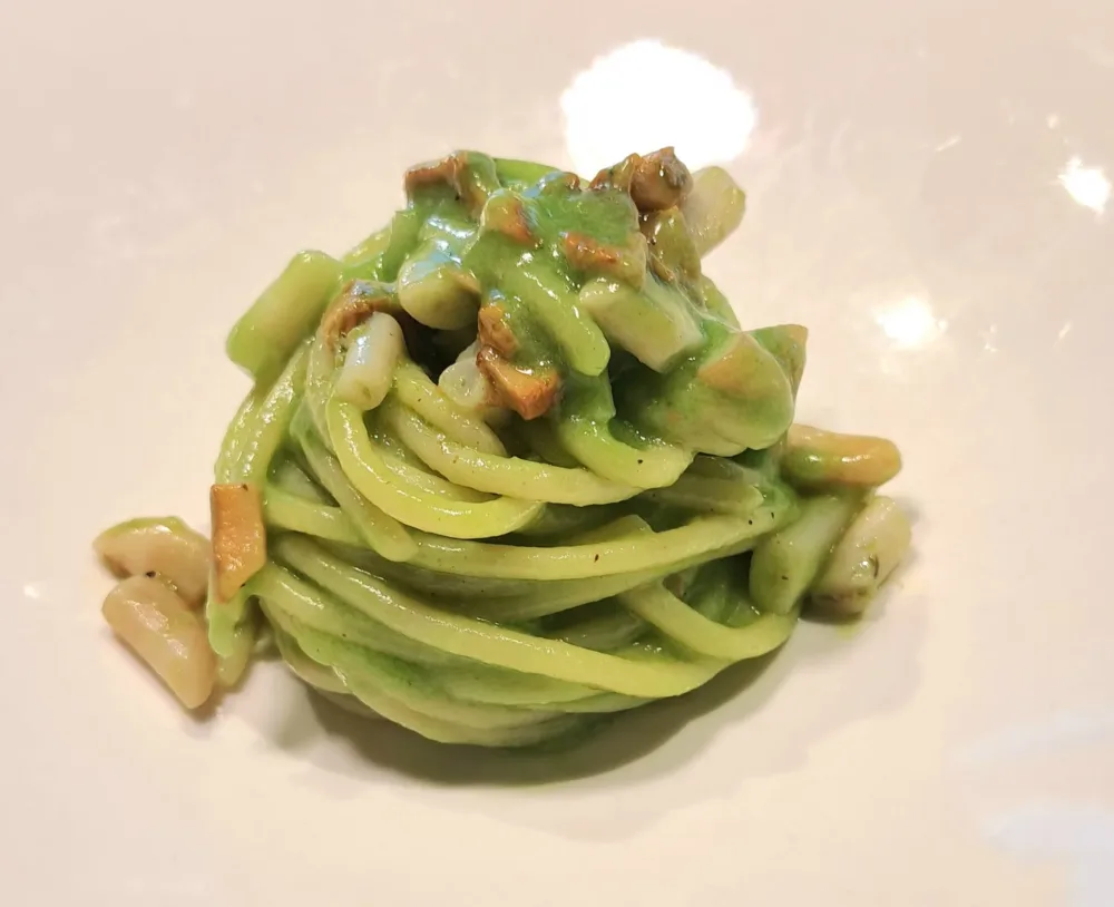 Spaghettone con estratto di prezzemolo, cannolocchi e finferli