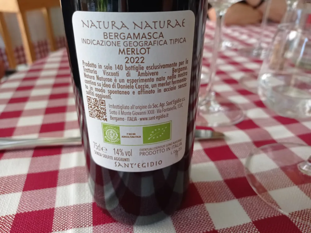 Trattoria Visconti Controetichetta Natura Naturae Vino Biologico Merlot Bergamasca Igt 2022 Sant'Egidio