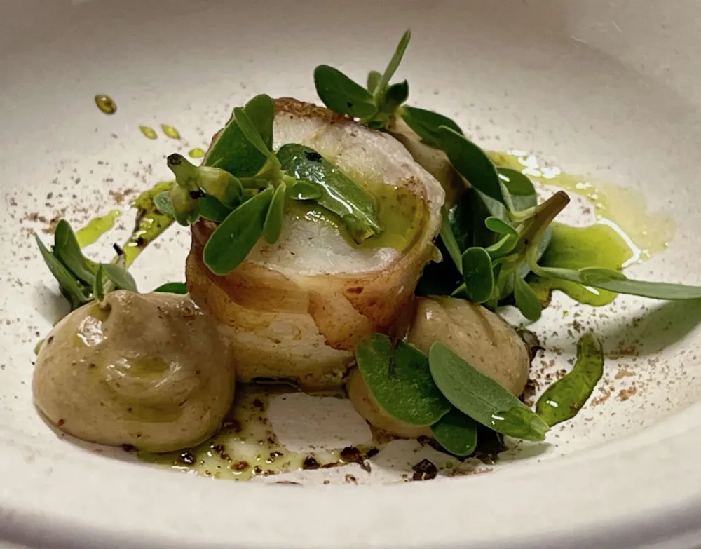 rana pescatrice, avvolta nella pancetta d’Osvaldo, con una crema di funghi porcini e olio al levistico