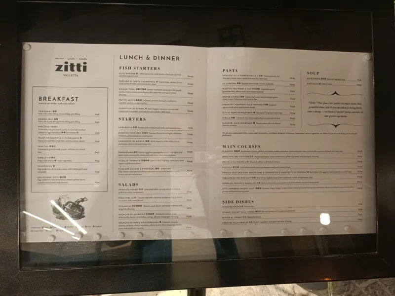 Zitti Restaurant, Il menù