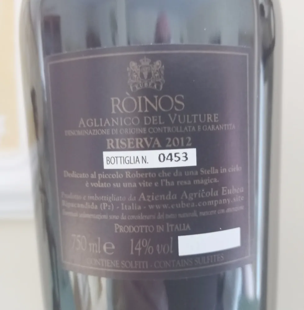 Controetichetta Ròinos Aglianico del Vulture Docg Riserva 2012 Eubea