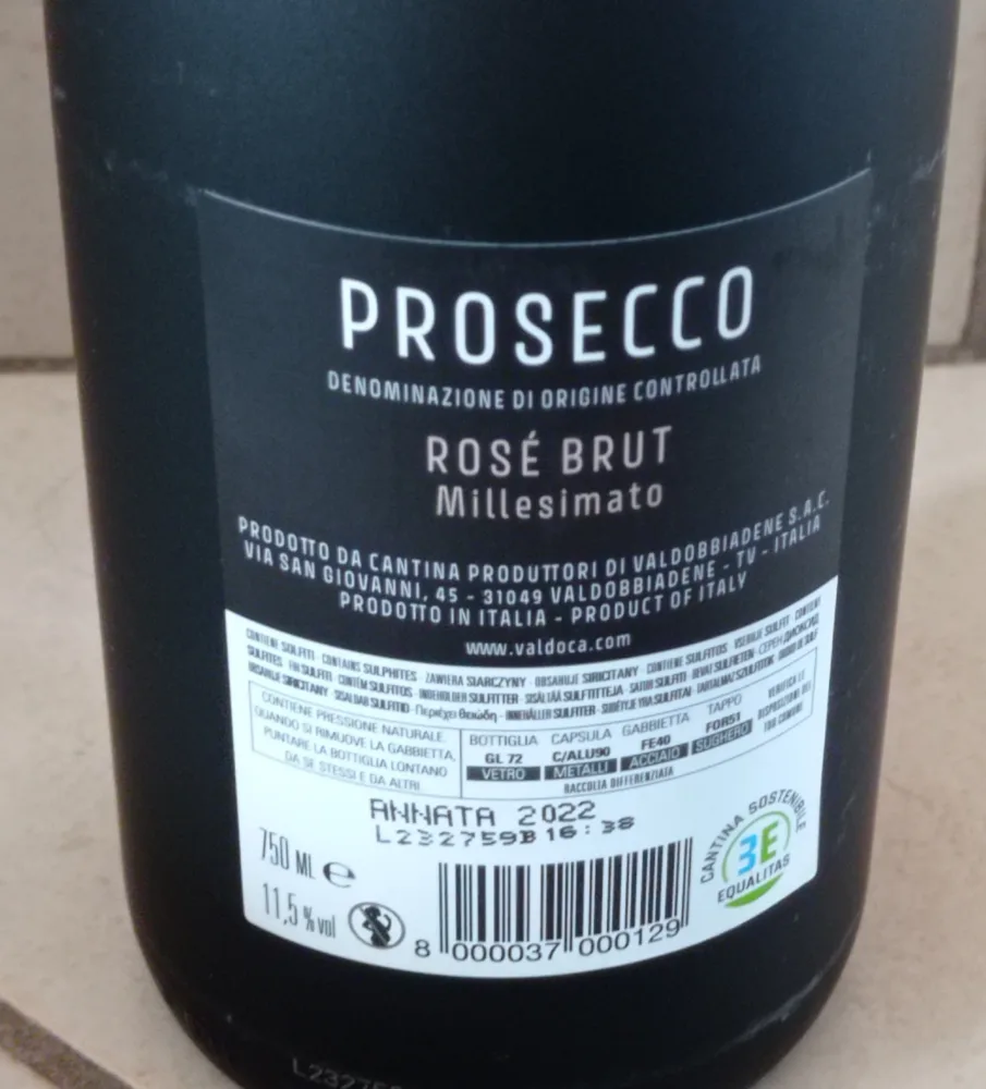 Controetichetta Prosecco Rosé Brut Millesimato Doc 2022 Val d'Oca