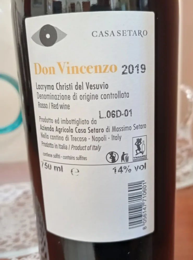 Controetichetta Don Vincenzo Lacryma Christi Rosso Riserva Doc 2019 Casa Setaro