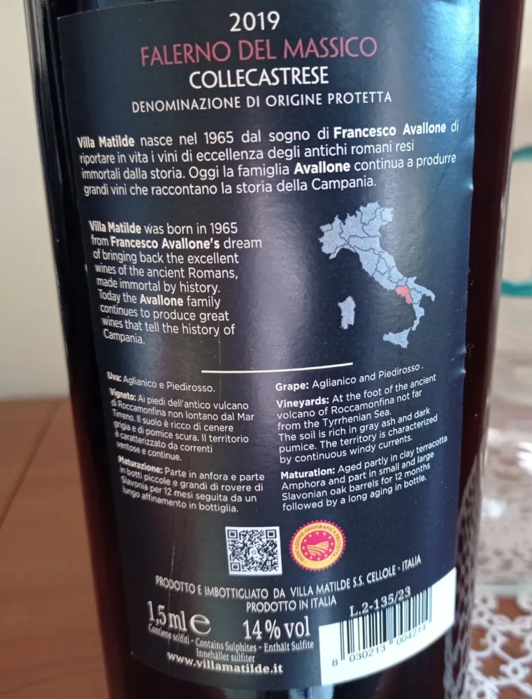 Controetichetta Falerno del Massico Rosso Collecastrese Dop 2019 Villa Matilde