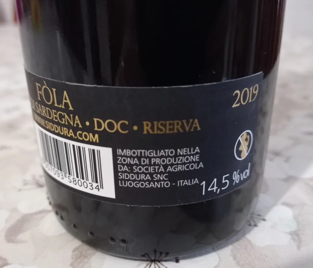 Controetichetta Fòla Cannonau di Sardegna Riserva Doc 201i9 Siddùra