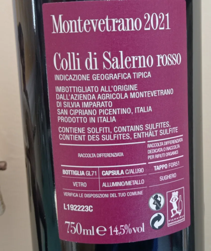 Controetichetta Montevertrano Colli di Salerno Rosso Igt 2021