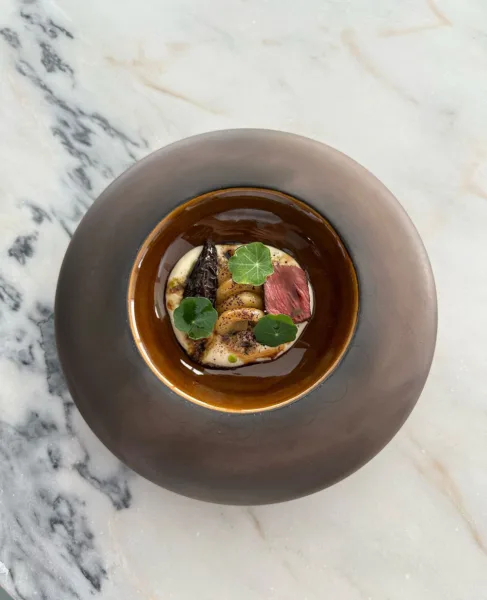 Trottola, spuma di polenta taragna, spugnole, capriolo con la sua salsa e polvere di mirtilli fermentati - Simone Pino