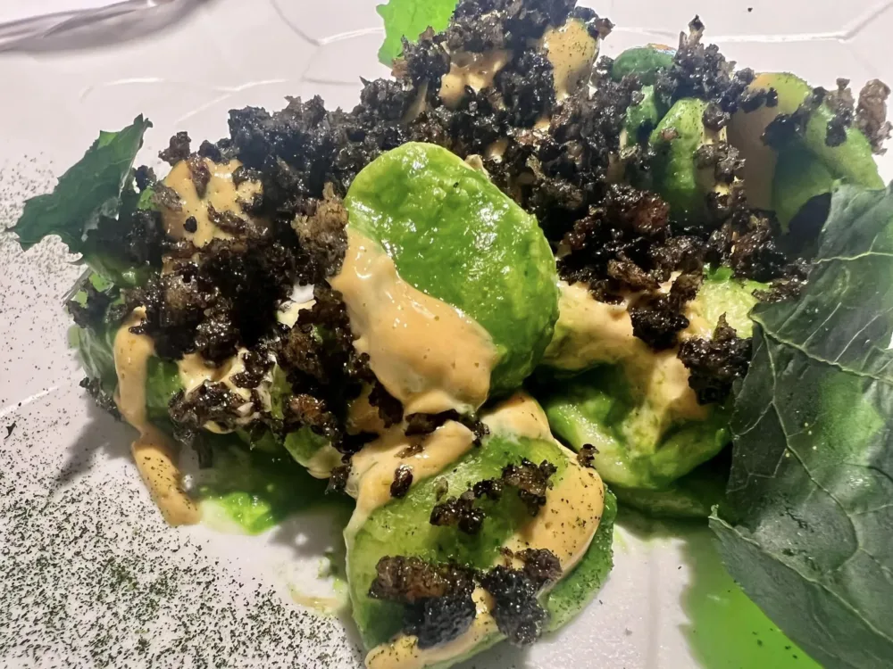 Vitantonio Lombardo Ristorante - Orecchiette con Cime di Rapa, Burrata, Ricci di Mare e Pane all’Aglio Nero