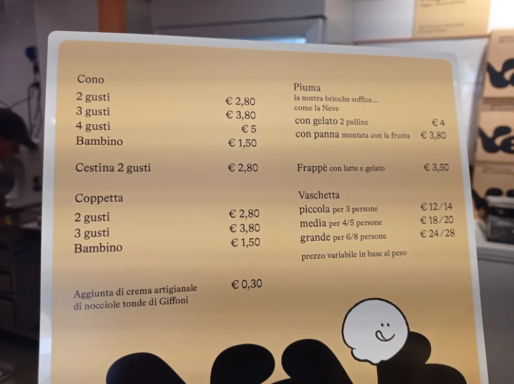 Prezzi dei gelati Gelateria Neve