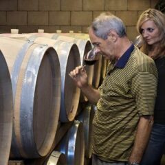 Alessandro Brini con Felicia in cantina