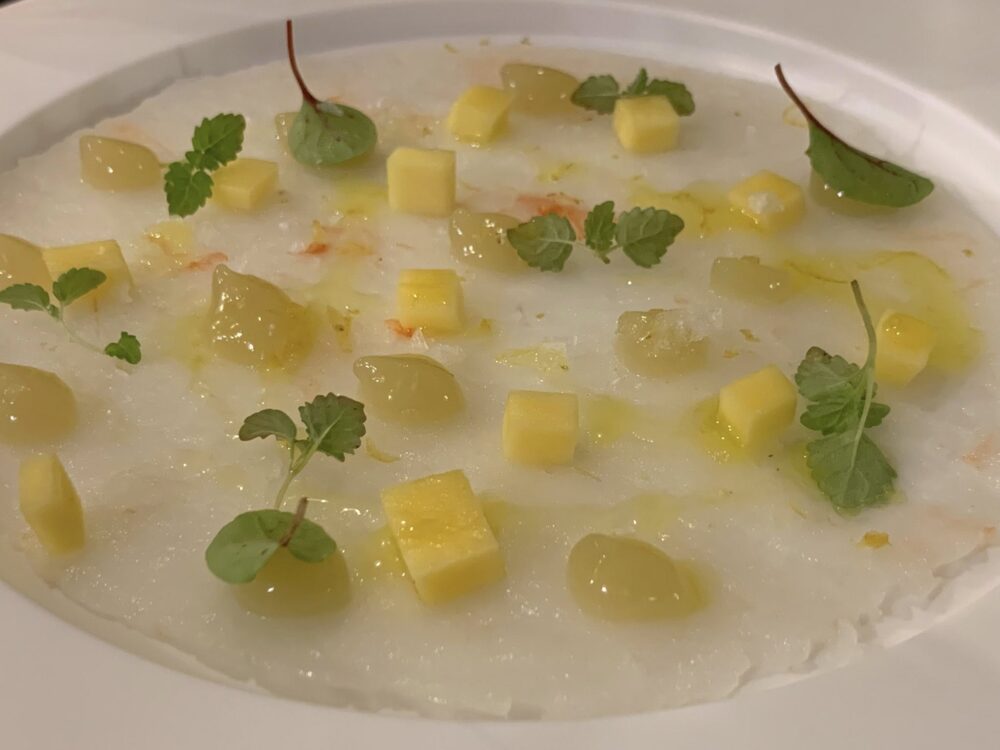 Alessandro FEO Ristorante, carpaccio di scampi, mela verde e mango
