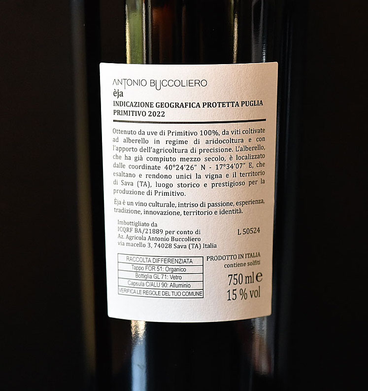 Primitivo Èja 2022 Antonio Buccoliero - retro