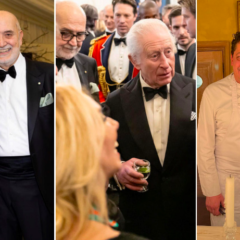 Chiara Soldati con l’Ambasciatore italiano in Gran Bretagna, Inigo Lambertini, al centro con Re Carlo III e a destra con lo con lo chef Francesco Mazzei
