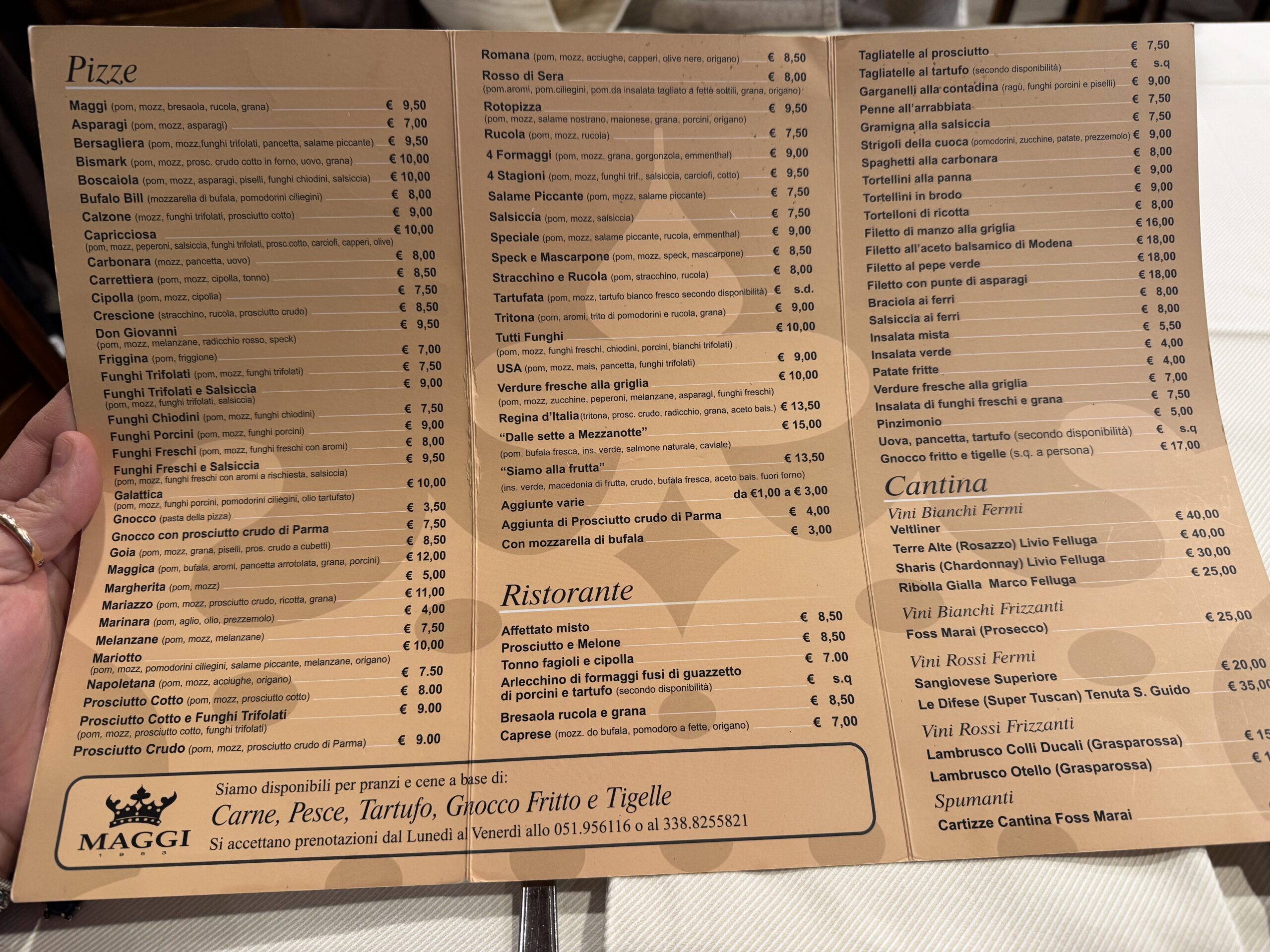 il menu della pizzeria Maggi 1953 a Sant'Agata bolognese