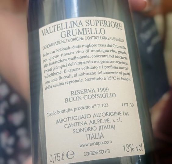 Controetichetta Grumello Buon Consiglio Valtellina Superiore Riserva Docg 1999 Arpepe