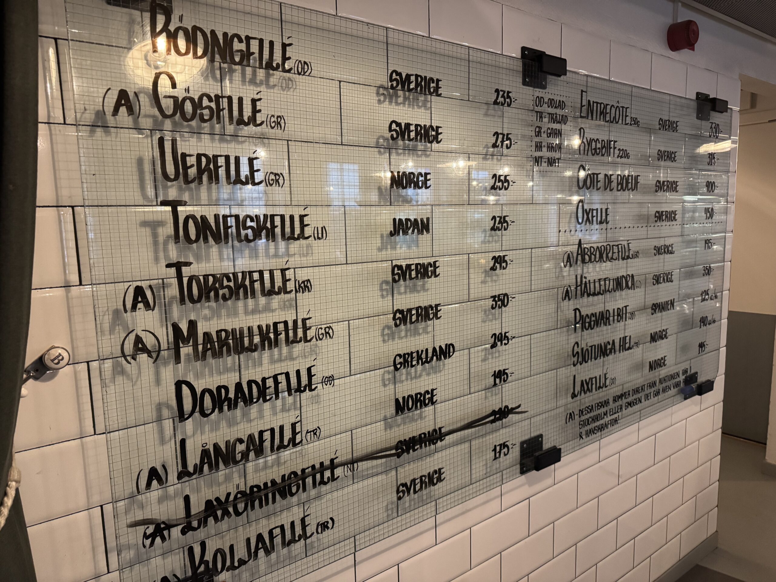 il menu a vista nella sala interna