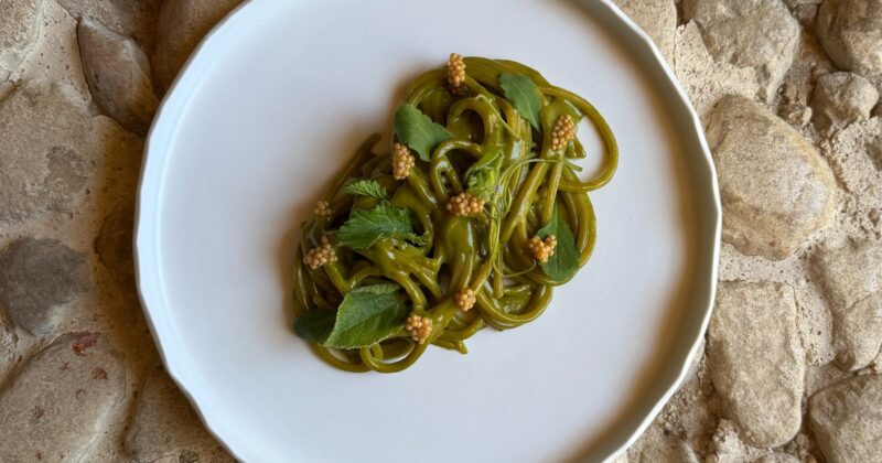 Spaghettoni Pastificio dei Campi, cucuzza e tenerumi: la ricetta di Francesco Giura
